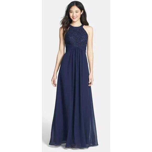 Eliza J Lace & Chiffon Formal Gown in Navy NWT Size 8 - Picture 1 of 8